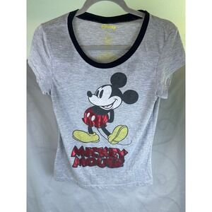 DISNEY Mickey Mouse Ringer T-Shirt XL Juniors' Gray Red Foil Graphic Tee Shirt